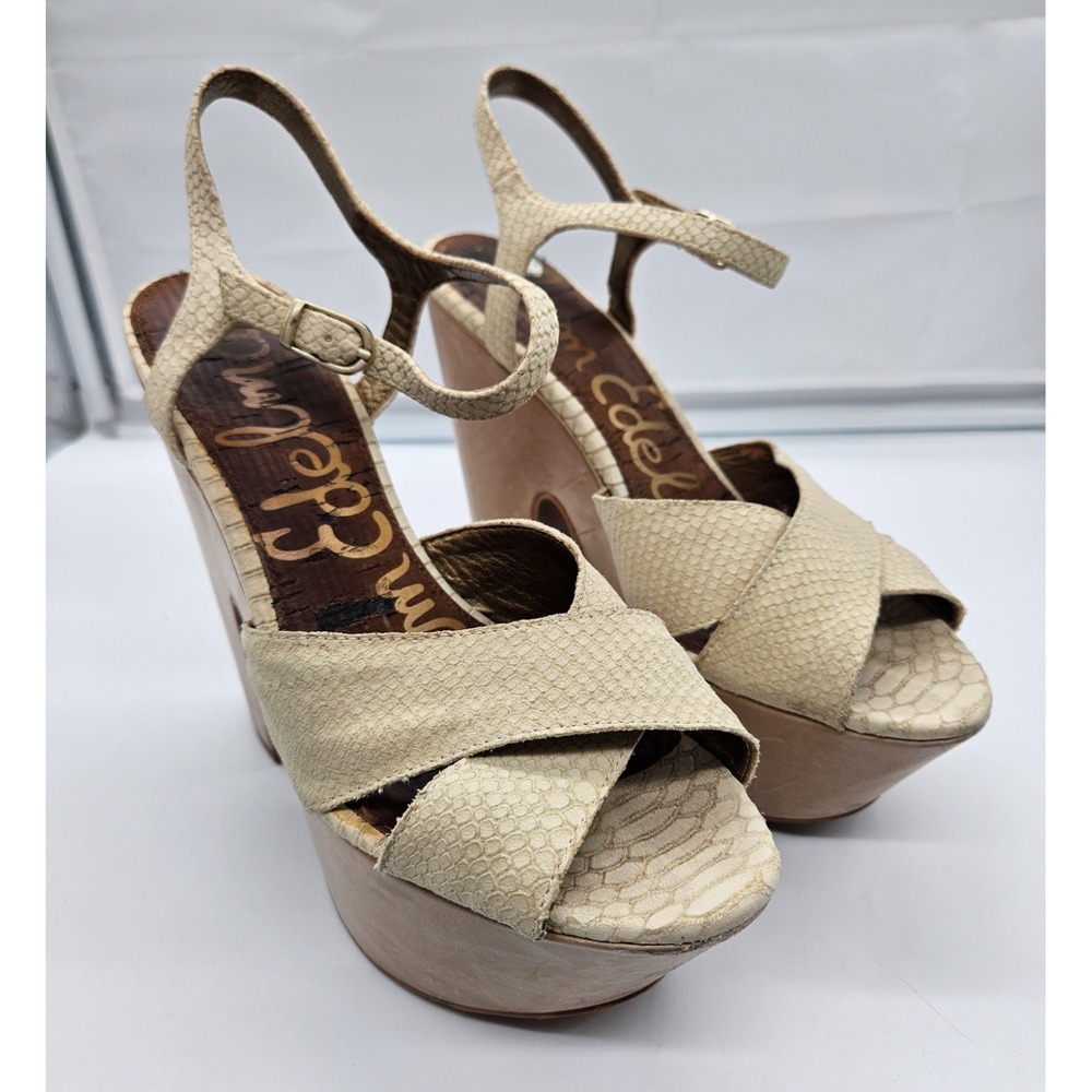 Sam Edelman Cream Snakeskin‎ Embossed Platform Sandals Block Heel Buckle Strap - Picture 2 of 13